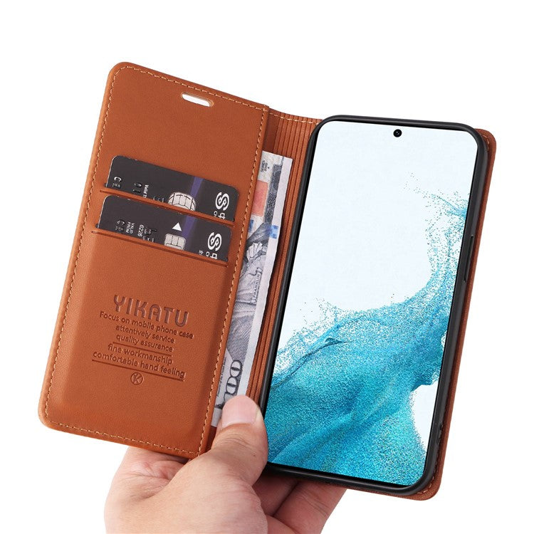 YIKATU YK-001 For Samsung Galaxy S23+ Magnetic Auto Closing PU Leather Shockproof Wallet Case Foldable Stand Protective Cover - Brown