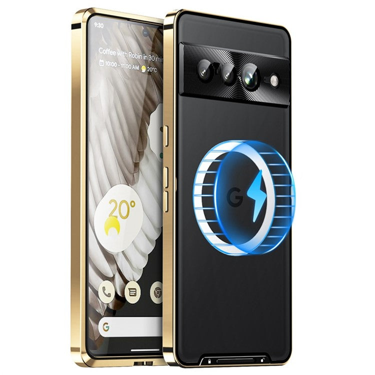 For Google Pixel 7 Pro 5G Anti-scratch Magnetic Adsorption Matte Phone Cover TPU Back + Metal Edge Integrated Lens Protection Case - Gold