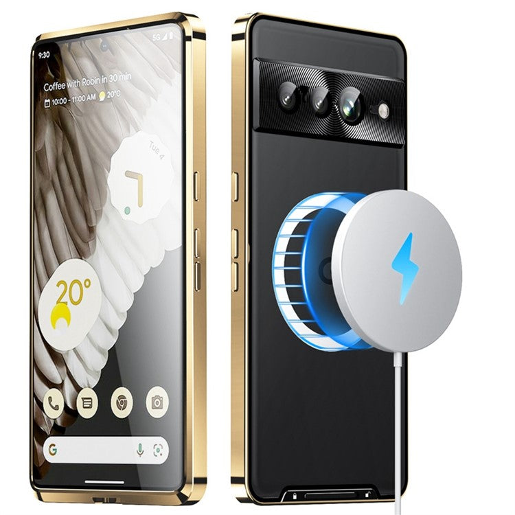 For Google Pixel 7 Pro 5G Anti-scratch Magnetic Adsorption Matte Phone Cover TPU Back + Metal Edge Integrated Lens Protection Case - Gold