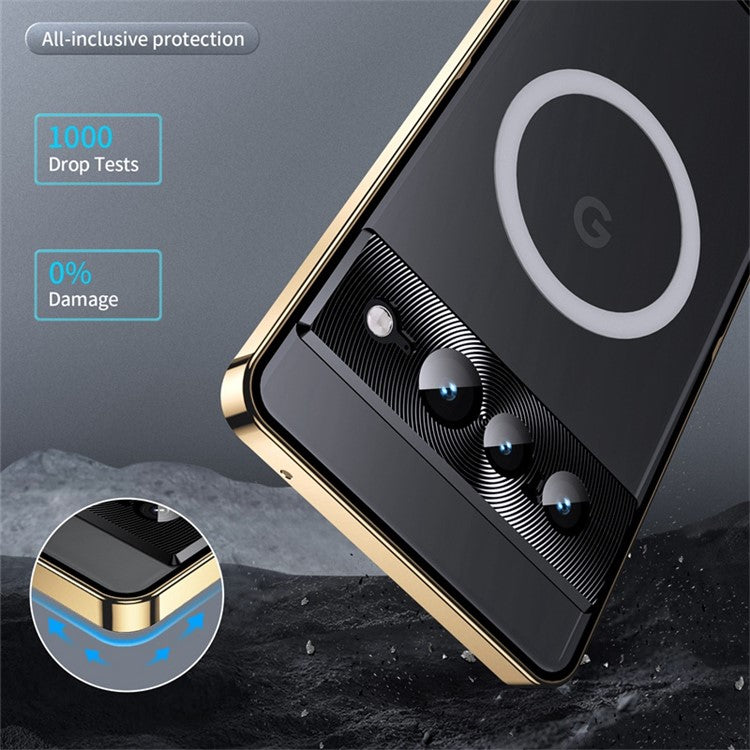 For Google Pixel 7 Pro 5G Anti-scratch Magnetic Adsorption Matte Phone Cover TPU Back + Metal Edge Integrated Lens Protection Case - Gold