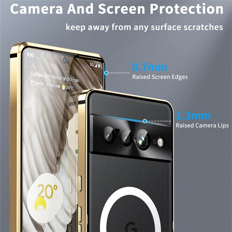 For Google Pixel 7 Pro 5G Anti-scratch Magnetic Adsorption Matte Phone Cover TPU Back + Metal Edge Integrated Lens Protection Case - Gold