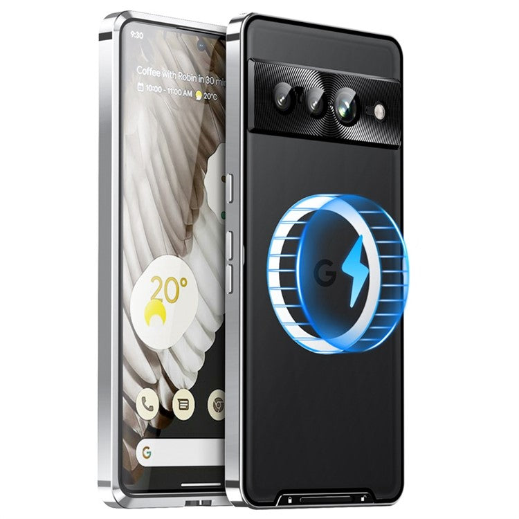 For Google Pixel 7 Pro 5G Anti-scratch Magnetic Adsorption Matte Phone Cover TPU Back + Metal Edge Integrated Lens Protection Case - Silver