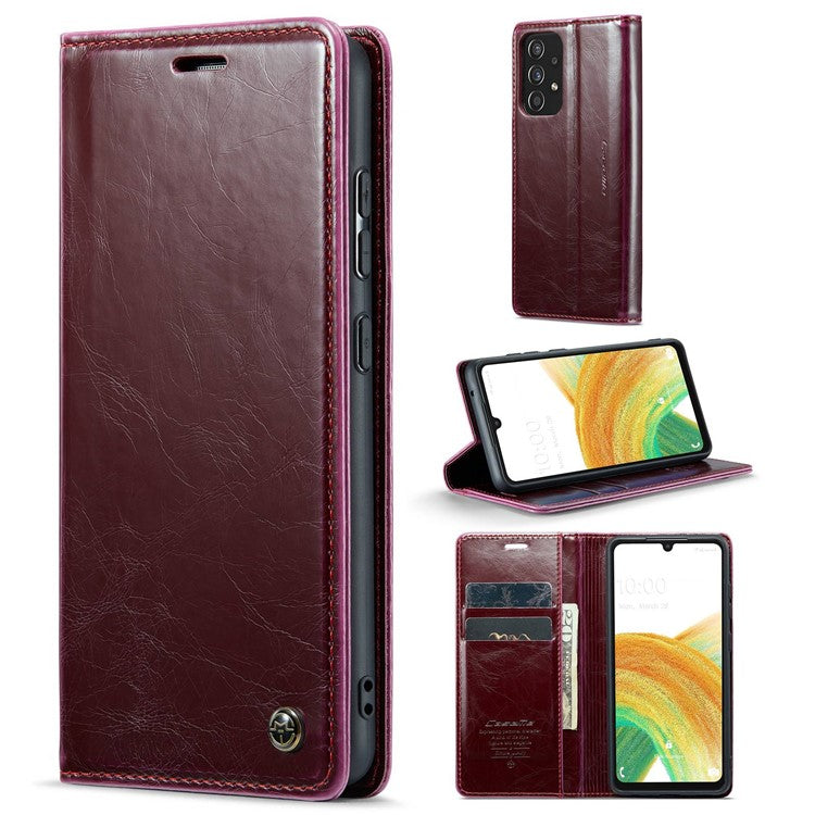 CASEME 003 Series For Samsung Galaxy A33 5G Magnetic Adsorption PU Leather Phone Shockproof Case Waxy Texture Wallet Stand Cover - Red