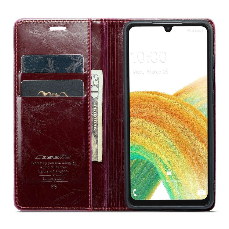 CASEME 003 Series For Samsung Galaxy A33 5G Magnetic Adsorption PU Leather Phone Shockproof Case Waxy Texture Wallet Stand Cover - Red