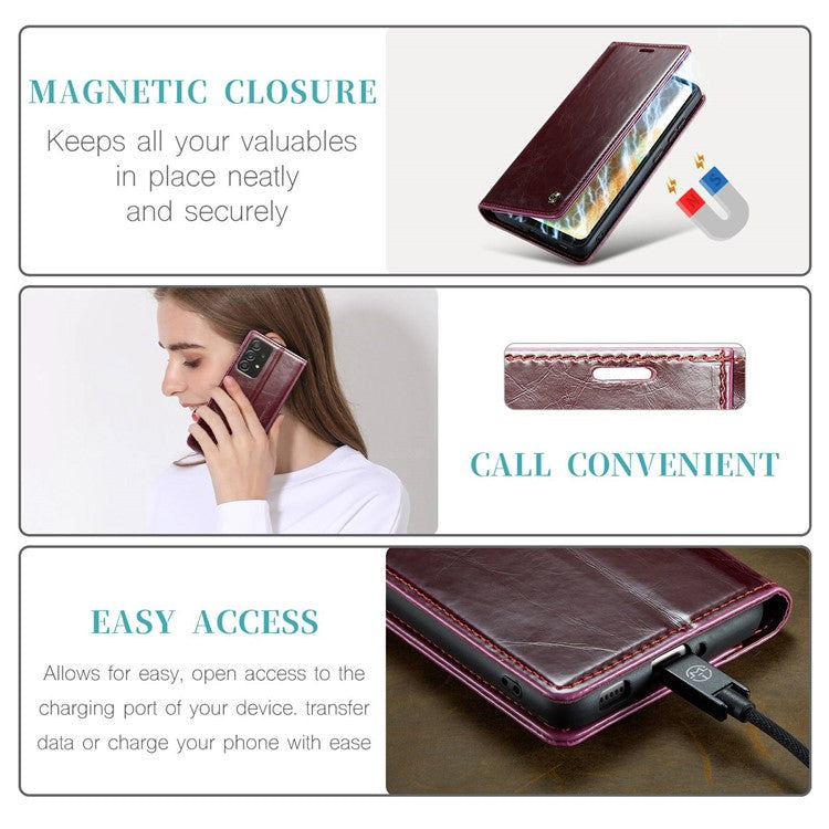 CASEME 003 Series For Samsung Galaxy A33 5G Magnetic Adsorption PU Leather Phone Shockproof Case Waxy Texture Wallet Stand Cover - Red
