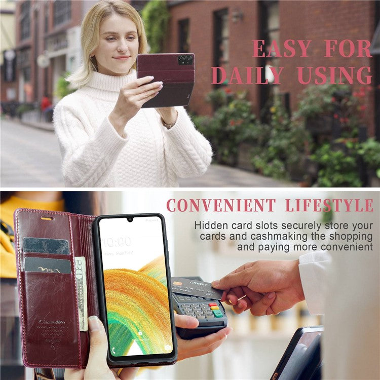CASEME 003 Series For Samsung Galaxy A33 5G Magnetic Adsorption PU Leather Phone Shockproof Case Waxy Texture Wallet Stand Cover - Red