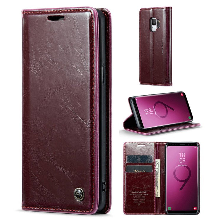 CASEME 003 Series For Samsung Galaxy S9 Magnetic Adsorption PU Leather Drop-proof Wallet Case Waxy Texture Phone Stand Cover - Red