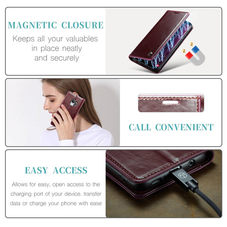 CASEME 003 Series For Samsung Galaxy S9 Magnetic Adsorption PU Leather Drop-proof Wallet Case Waxy Texture Phone Stand Cover - Red