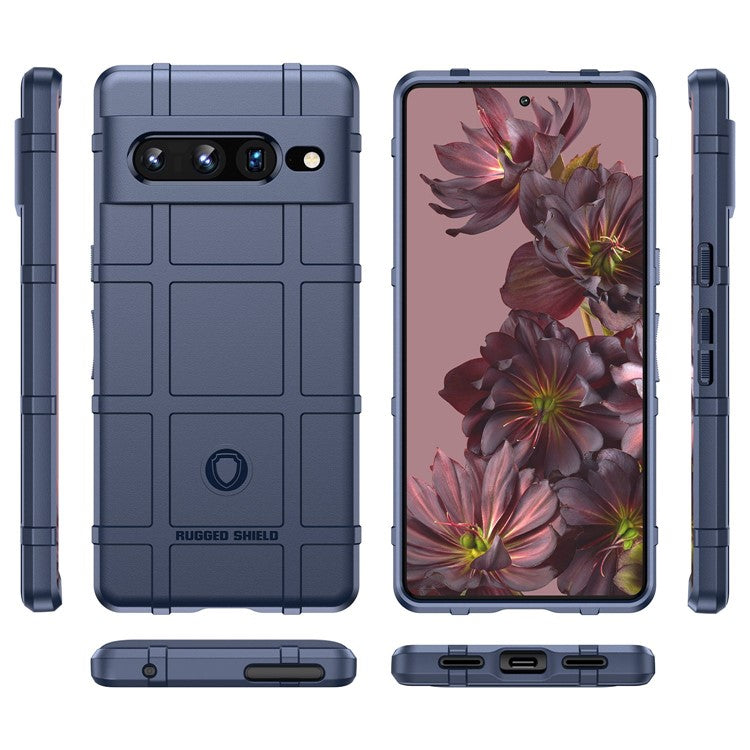 For Google Pixel 7 Pro 5G Rugged Square Grid Texture TPU Cover Shockproof Protective Phone Case - Blue