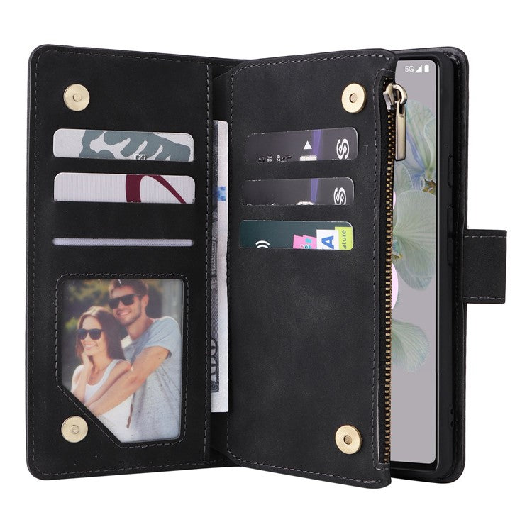 For Google Pixel 7 5G Multiple Card Slots Zipper Pocket PU Leather Stand Case Magnetic Clasp Drop-proof Phone Wallet Cover - Black