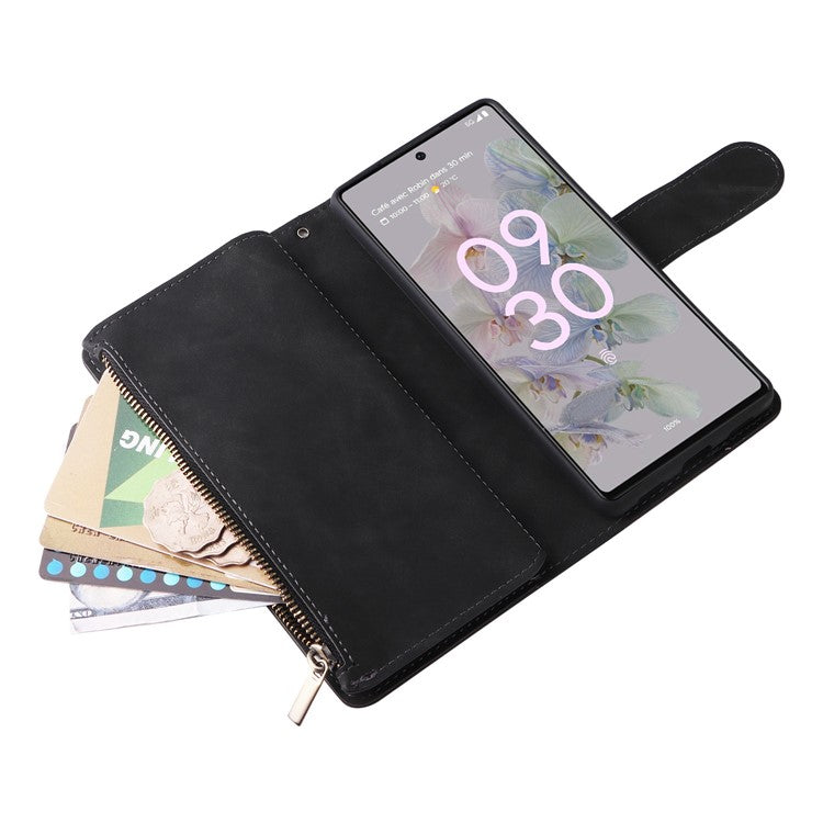 For Google Pixel 7 5G Multiple Card Slots Zipper Pocket PU Leather Stand Case Magnetic Clasp Drop-proof Phone Wallet Cover - Black