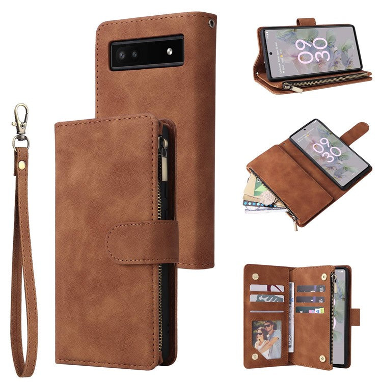 For Google Pixel 7 5G Multiple Card Slots Zipper Pocket PU Leather Stand Case Magnetic Clasp Drop-proof Phone Wallet Cover - Brown