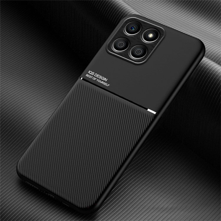 Lines Imprinted Phone Case for Honor X8 5G, PU Leather+TPU Car Mount Metal Sheet Protective Cover - Black
