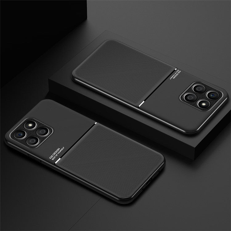 Lines Imprinted Phone Case for Honor X8 5G, PU Leather+TPU Car Mount Metal Sheet Protective Cover - Black