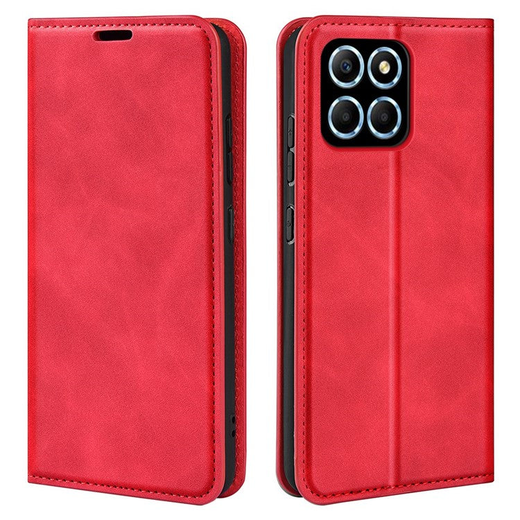 For Honor X8 5G Skin-touch Feeling Magnetic Auto-absorbed Phone Stand Case PU Leather Folio Flip Wallet Cover - Red