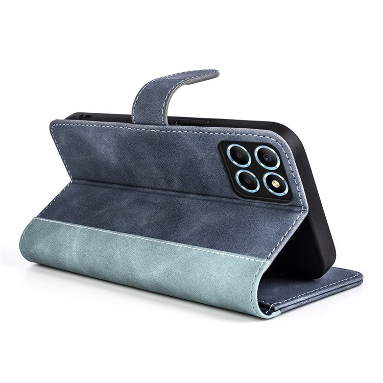 For Honor X8 5G Dual Color Splicing Magnetic Clasp Stand Wallet Phone Case PU Leather Anti-drop Cover - Blue