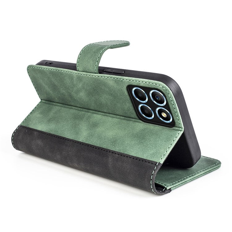 For Honor X8 5G Dual Color Splicing Magnetic Clasp Stand Wallet Phone Case PU Leather Anti-drop Cover - Green