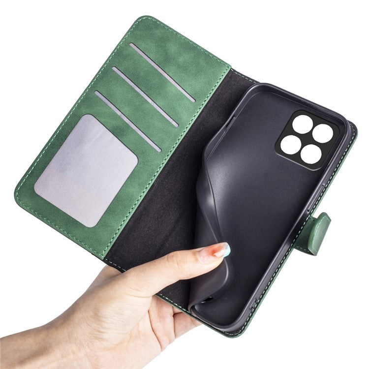 For Honor X8 5G Dual Color Splicing Magnetic Clasp Stand Wallet Phone Case PU Leather Anti-drop Cover - Green