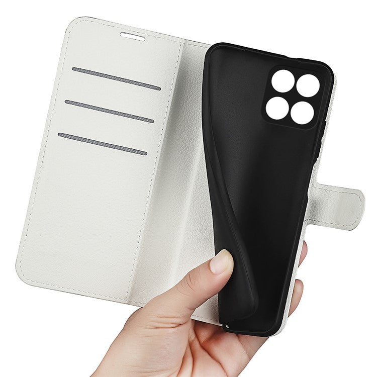 For Honor X8 5G Stand Wallet Phone Case Litchi Texture PU Leather + TPU Folio Flip Magnetic Clasp Cover - White