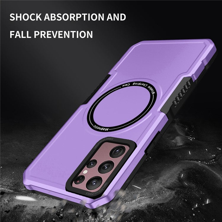 For Samsung Galaxy S22 Ultra 5G Camera Lens Frame Design Phone Cover Hard PC + Soft TPU Anti-drop Case Magnetic Wireless Charging - Purple