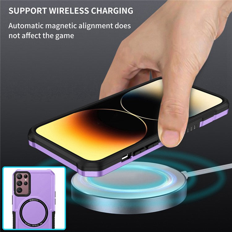 For Samsung Galaxy S22 Ultra 5G Camera Lens Frame Design Phone Cover Hard PC + Soft TPU Anti-drop Case Magnetic Wireless Charging - Purple