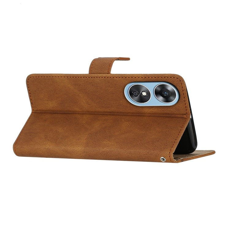 Wallet Phone Case for Oppo A17 4G / A17k 4G Lines Imprinted Protective Case Crazy Horse Texture PU Leather Cover with Strap - Brown