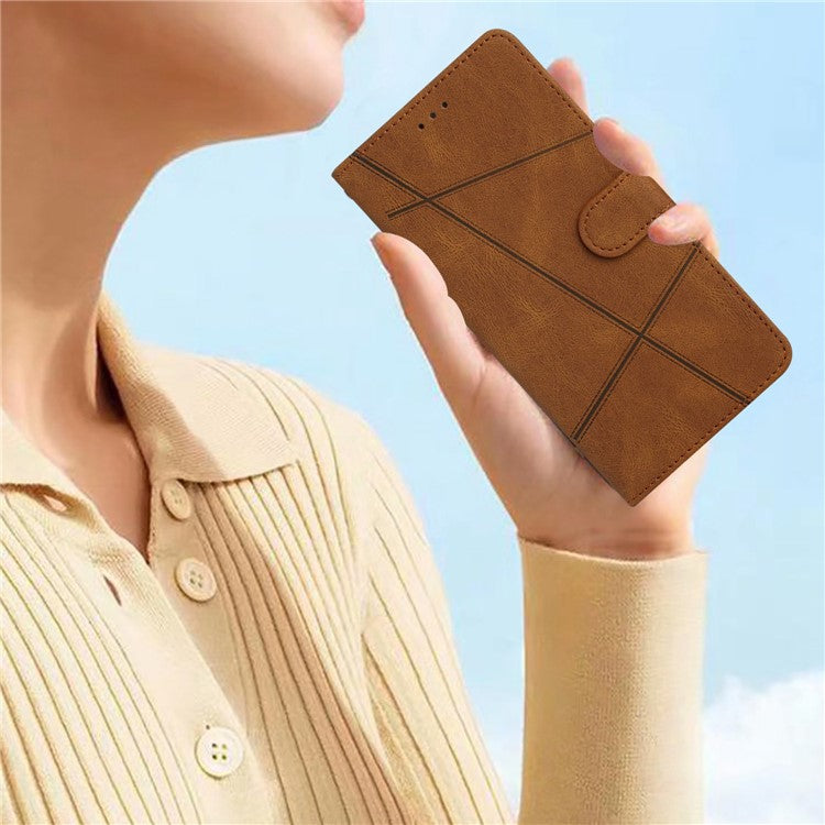 Wallet Phone Case for Oppo A17 4G / A17k 4G Lines Imprinted Protective Case Crazy Horse Texture PU Leather Cover with Strap - Brown