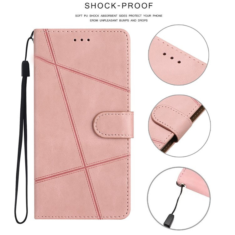 Wallet Phone Case for Oppo A17 4G / A17k 4G Lines Imprinted Protective Case Crazy Horse Texture PU Leather Cover with Strap - Rose Gold