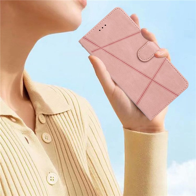 Wallet Phone Case for Oppo A17 4G / A17k 4G Lines Imprinted Protective Case Crazy Horse Texture PU Leather Cover with Strap - Rose Gold