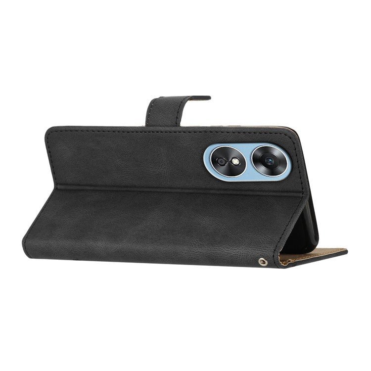 Wallet Phone Case for Oppo A17 4G / A17k 4G Lines Imprinted Protective Case Crazy Horse Texture PU Leather Cover with Strap - Black