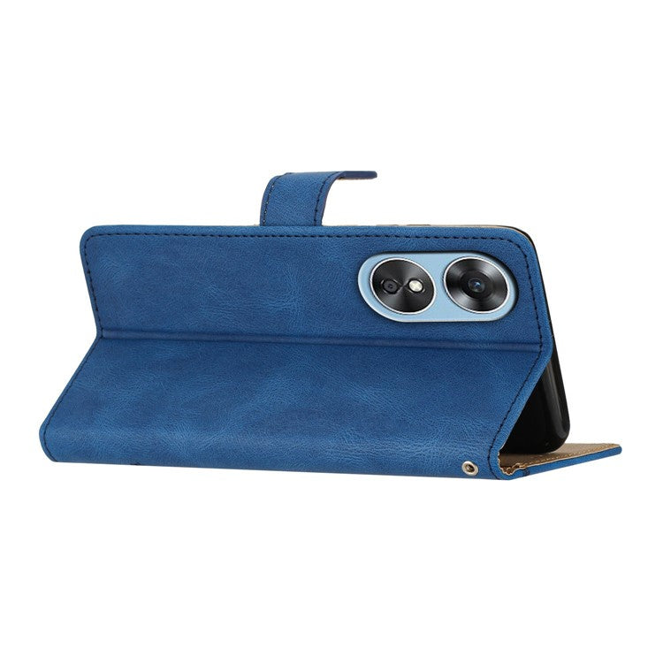 Wallet Phone Case for Oppo A17 4G / A17k 4G Lines Imprinted Protective Case Crazy Horse Texture PU Leather Cover with Strap - Blue