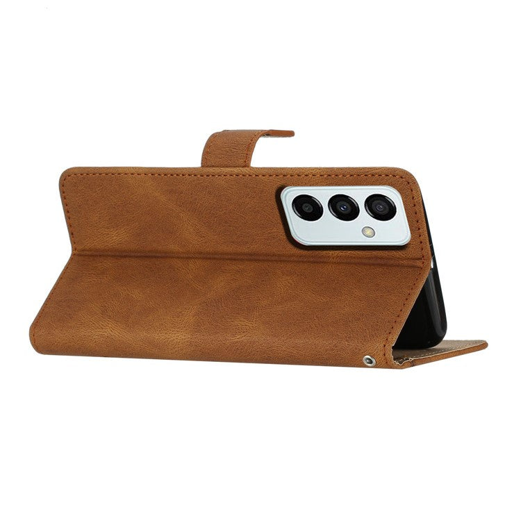 Wallet Phone Case for Samsung Galaxy F23 5G / M23 5G Shockproof PU Leather Cover Crazy Horse Texture Stand Case with Strap - Brown