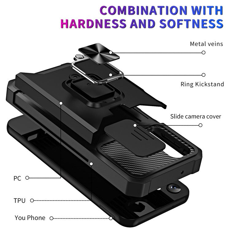 For Samsung Galaxy A14 5G / A14 4G Card Holder Kickstand Phone Case Hard PC Soft TPU Hybrid Cover with Slide Camera Lens Protector - Gold