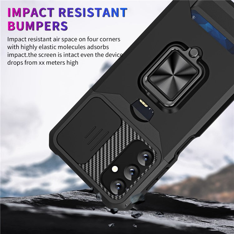 For Samsung Galaxy A14 5G / A14 4G Card Holder Kickstand Phone Case Hard PC Soft TPU Hybrid Cover with Slide Camera Lens Protector - Gold