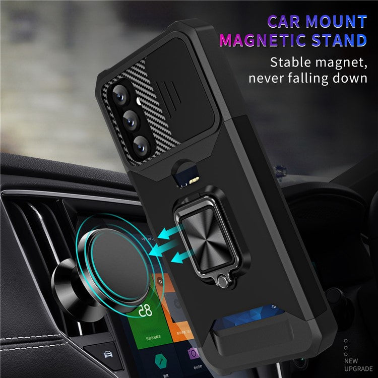 For Samsung Galaxy A14 5G / A14 4G Card Holder Kickstand Phone Case Hard PC Soft TPU Hybrid Cover with Slide Camera Lens Protector - Gold