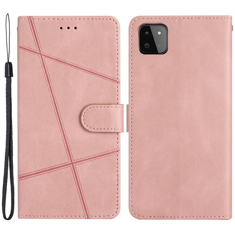For Samsung Galaxy A22 5G (EU Version) Crazy Horse Texture PU Leather Case Imprinted Lines Wallet Stand Full Protection Flip Phone Cover with Strap - Rose Gold