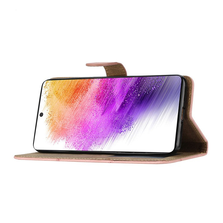 For Samsung Galaxy A22 5G (EU Version) Crazy Horse Texture PU Leather Case Imprinted Lines Wallet Stand Full Protection Flip Phone Cover with Strap - Rose Gold