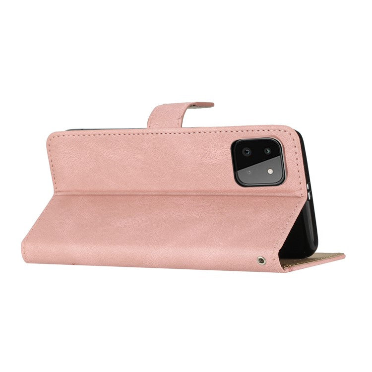 For Samsung Galaxy A22 5G (EU Version) Crazy Horse Texture PU Leather Case Imprinted Lines Wallet Stand Full Protection Flip Phone Cover with Strap - Rose Gold