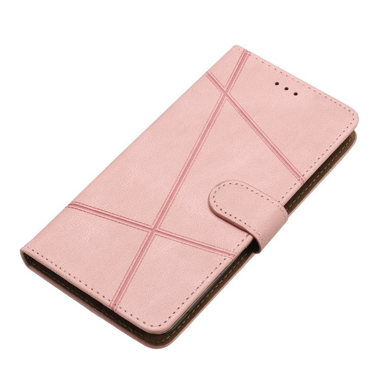 For Samsung Galaxy A22 5G (EU Version) Crazy Horse Texture PU Leather Case Imprinted Lines Wallet Stand Full Protection Flip Phone Cover with Strap - Rose Gold
