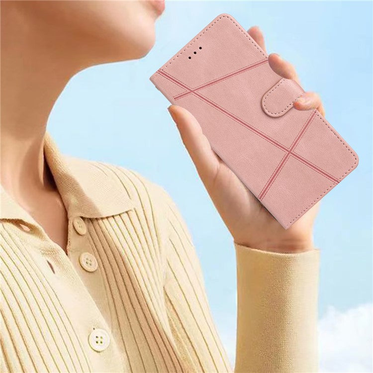For Samsung Galaxy A22 5G (EU Version) Crazy Horse Texture PU Leather Case Imprinted Lines Wallet Stand Full Protection Flip Phone Cover with Strap - Rose Gold