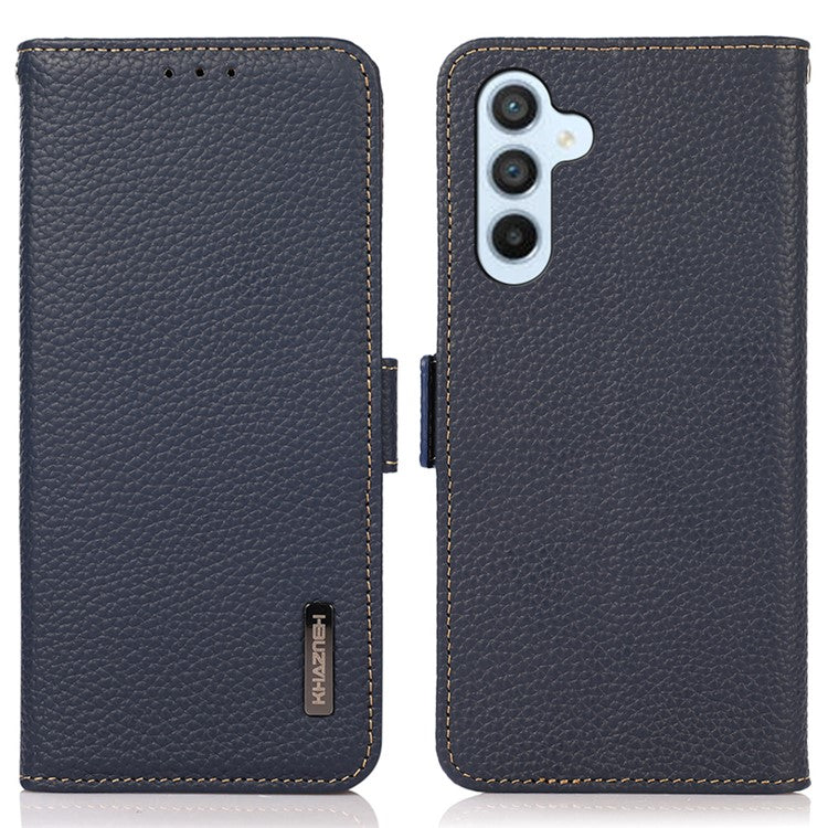 KHAZNEH for Samsung Galaxy A54 5G RFID Blocking Litchi Texture Genuine Leather Case Magnetic Clasp Phone Wallet Stand Cover - Blue