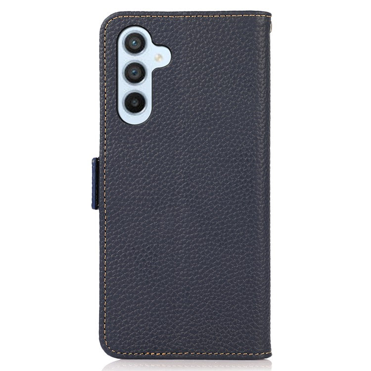 KHAZNEH for Samsung Galaxy A54 5G RFID Blocking Litchi Texture Genuine Leather Case Magnetic Clasp Phone Wallet Stand Cover - Blue
