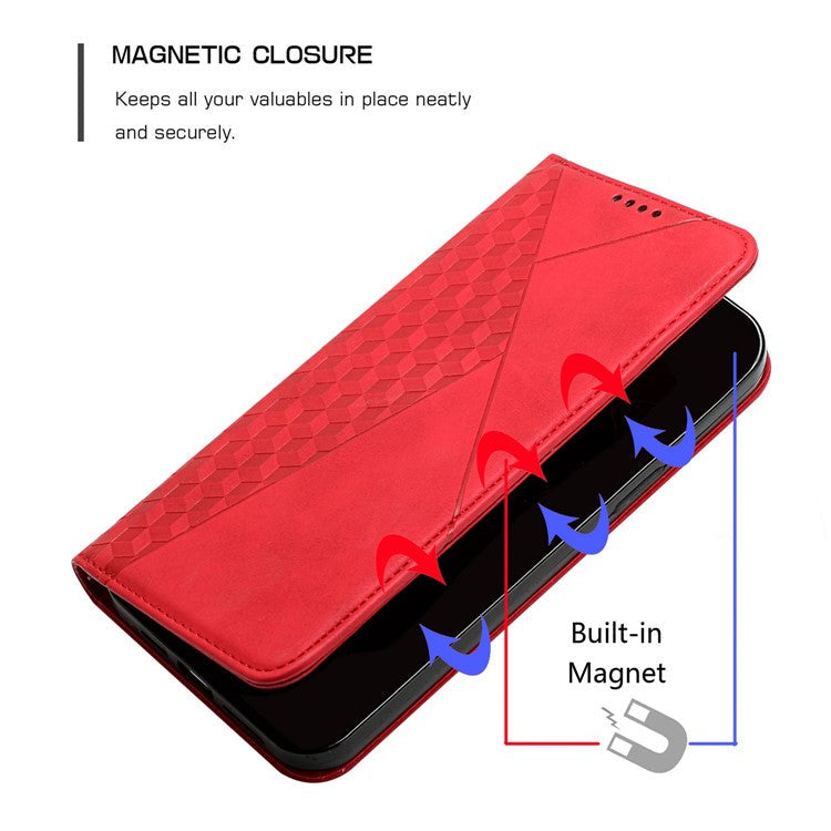 For Motorola Edge 30 Neo 5G / Edge 30 Lite Magnetic Auto-absorbed Anti-drop Phone Cover Skin-touch PU Leather Phone Case Imprinted Rhombus Pattern Wallet Stand - Red