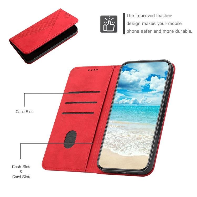 For Motorola Edge 30 Neo 5G / Edge 30 Lite Magnetic Auto-absorbed Anti-drop Phone Cover Skin-touch PU Leather Phone Case Imprinted Rhombus Pattern Wallet Stand - Red