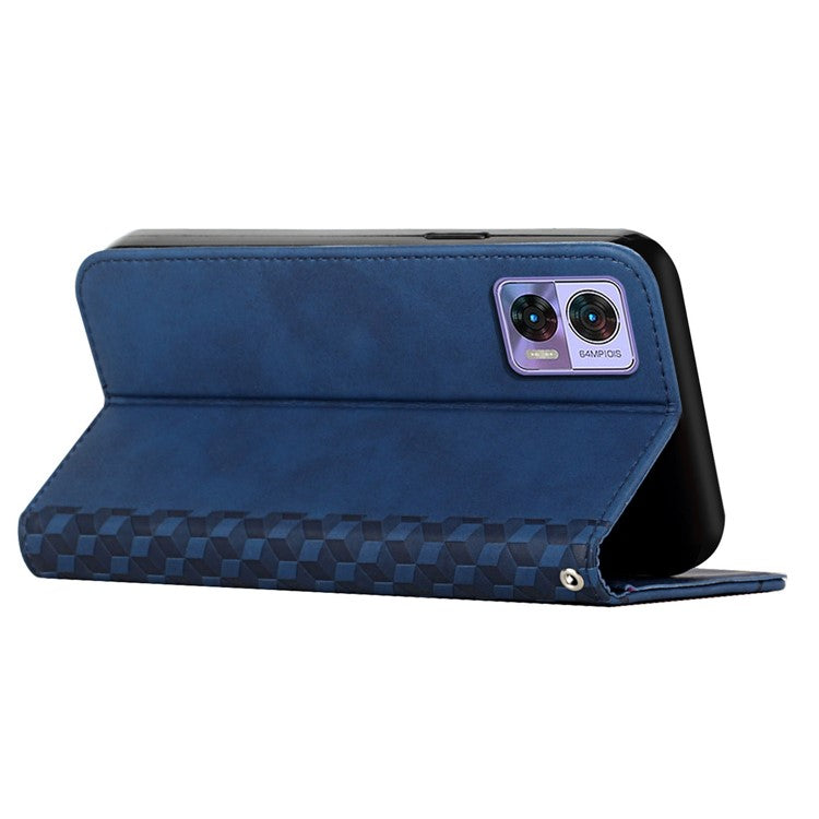 For Motorola Edge 30 Neo 5G / Edge 30 Lite Magnetic Auto-absorbed Anti-drop Phone Cover Skin-touch PU Leather Phone Case Imprinted Rhombus Pattern Wallet Stand - Sapphire