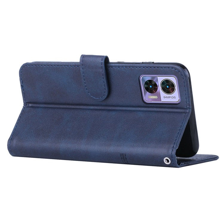 For Motorola Edge 30 Neo 5G Stitching Lines Magnetic Clasp PU Leather Case Stand Wallet Anti-drop Phone Cover with Strap - Sapphire