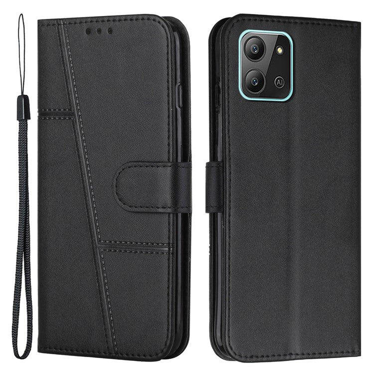 For Infinix Hot 11 2022 4G Foldable Stand Phone Cover Stitching Lines PU Leather + TPU Wallet Case with Strap - Black