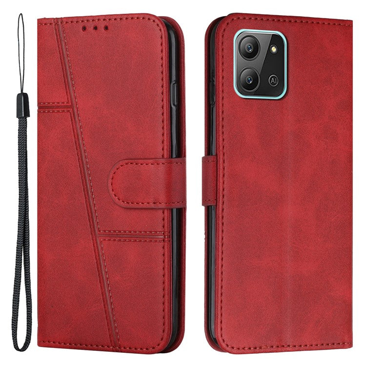 For Infinix Hot 11 2022 4G Foldable Stand Phone Cover Stitching Lines PU Leather + TPU Wallet Case with Strap - Red