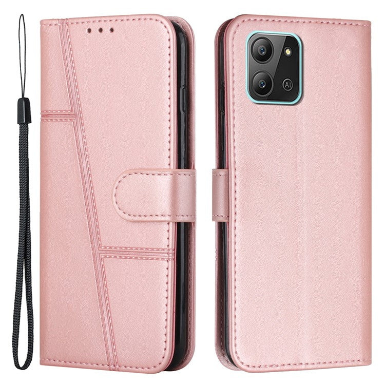 For Infinix Hot 11 2022 4G Foldable Stand Phone Cover Stitching Lines PU Leather + TPU Wallet Case with Strap - Rose Gold
