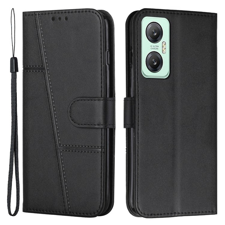 For Infinix Hot 20 5G PU Leather Stitching Lines Phone Stand Case Anti-Scratch Wallet Folio Flip Phone Cover with Strap - Black
